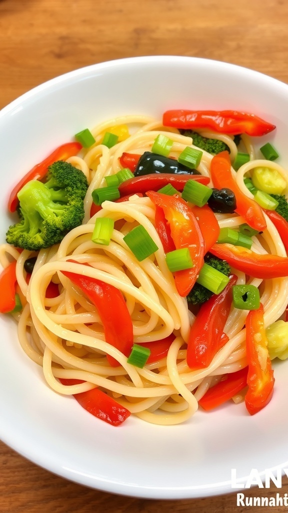 A bowl of stir-fried shirataki noodles with mixed vegetables, garnished with green onions on a wooden table.
